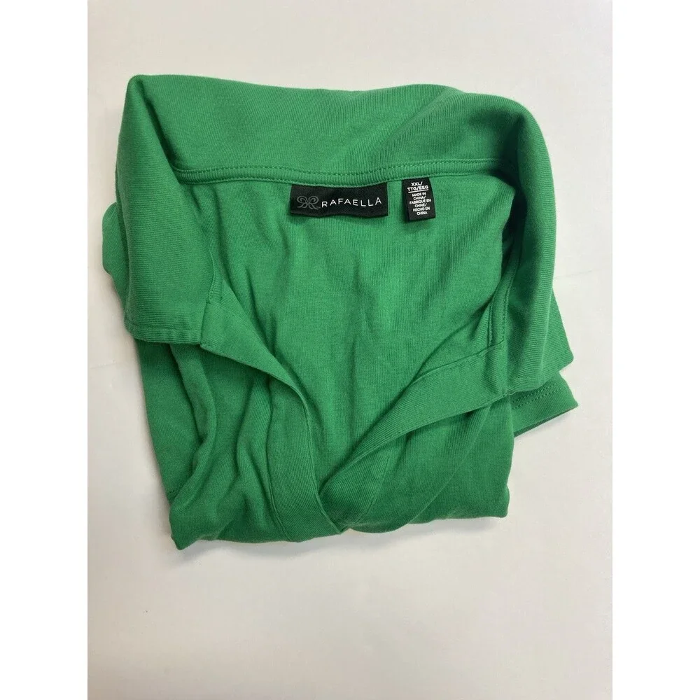 Rafaella Women's Green Solid Collared Knit Cotton Ruffle Polo Top XXL Regular